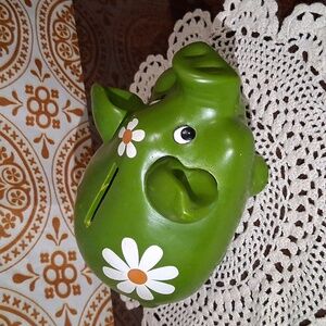 Vintage Green Piggy Bank with Floral Design
